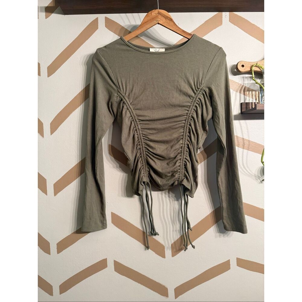 Easel Olive Green Ribbed Knit Ruched Drawstring‎ Long Sleeve Top Size Small NWT